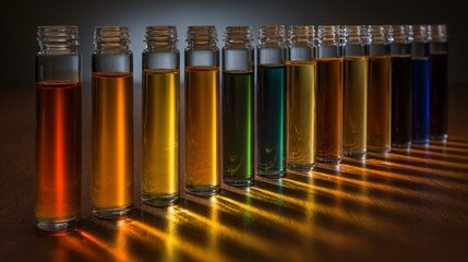 Colorful liquid in glass vials arranged in a row, softly lit with a scientific aesthetic.