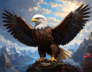 Obraz premium Majestic Bald Eagle Soaring Above Mountain Peaks Depicting Freedom
