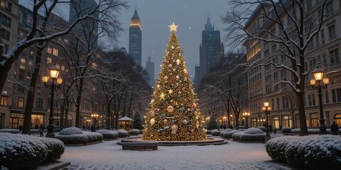 Elegant Christmas Tree with Art Deco Design in a Snowy Park