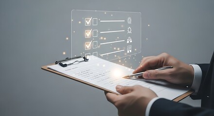 Person Checking Checklist on Clipboard with Pen and Icons