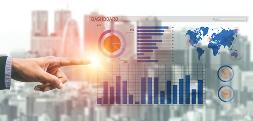 A hand points to a digital dashboard showcasing various business analytics and graphs, set against a modern city skyline in the background. Impute