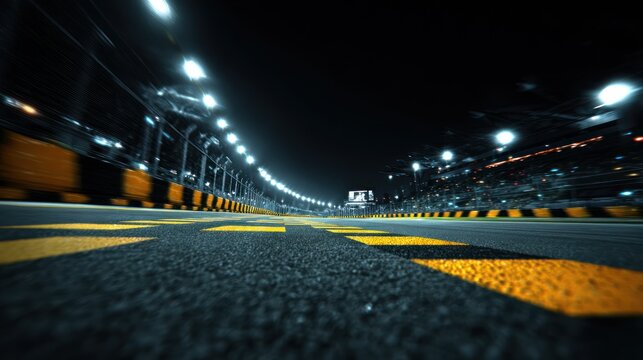 Nighttime race track asphalt with yellow lines stadium lighting and perspective