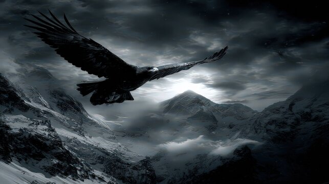 Dark Eagle Soaring Over Snowy Mountains - Powered by Adobe
