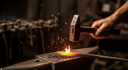 Blacksmith forging hot metal with hammer on anvil, sparks flying.