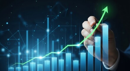 Financial growth chart with hand drawing an upward arrow.