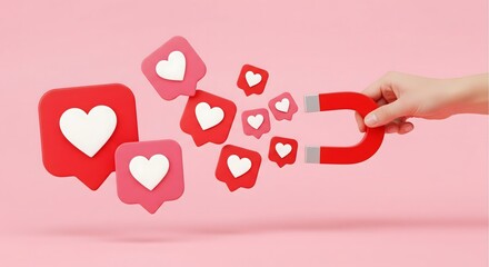 Hand holding magnet attracting social media like icons with hearts on pink background, symbolizing digital engagement, online marketing, influencer growth, and audience interaction