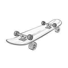 Hand-drawn illustration of a classic skateboard featuring deck, trucks, and wheels, perfect for urban and extreme sports themes.