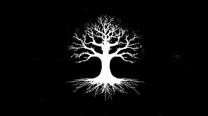 Stark white silhouette of a bare, leafless tree with exposed roots against a deep black background, symbolizing strength and resilience.