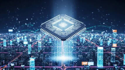 glowing central processor hovers above futuristic sprawling city with interconnected data lines and illuminated buildings advanced technology and global connectivity - Powered by Adobe