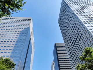 青空に向かってそびえ立つ複数の高層ビルを下から見上げるアングルで捉えた写真でビルの冷たい質感と夏の空が対照的です