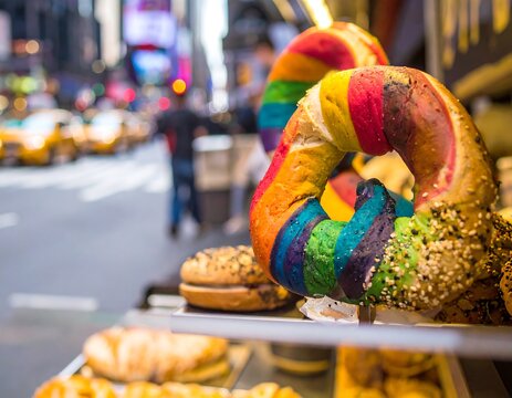 Rainbow bagels displayed on a street vendor's cart in a bustling city street - Powered by Adobe