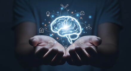 Fototapeta premium Holding Brain Digital Illustration with Glowing Icons on Hands