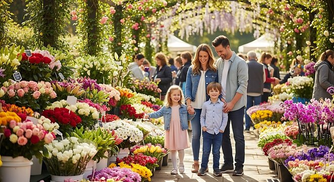 Family enjoying a day at a vibrant flower market filled with colorful blooms
