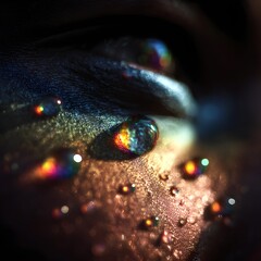 Close-up of a human eye with colorful crystal droplets reflecting vibrant light on textured skin