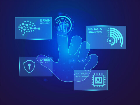 Artificial Intelligence with hologram human hand touching Data Visualization Hologram Dashboard blue light effect on dark blue background vector design concept. AI technology for advance technology.
