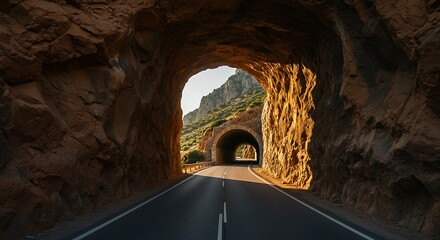 Road tunnel through rock formation leading to bright sunlight outdoors