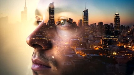 Double exposure of a man's profile and city skyline representing urban dreams and aspirations