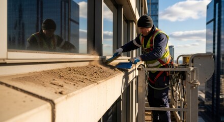 Man cleaning dirt and sand from a high-rise building with a brush and dustpan. Window cleaner maintenance on skyscraper.