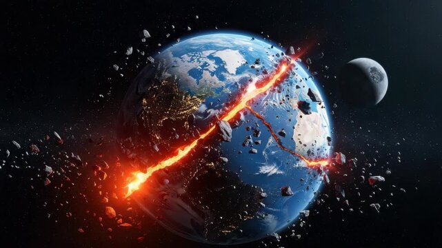 apocalyptic scene shows Earth dramatically splitting revealing fiery molten cracks and spewing debris into space The moon looms near as city lights glimmer on the fractured planet