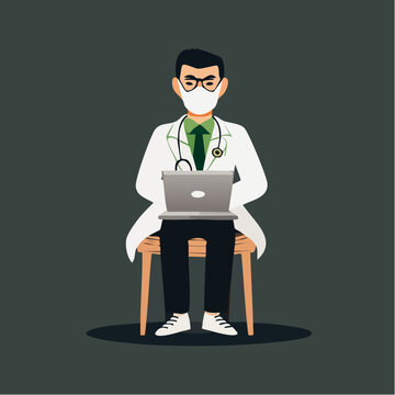 Cartoon male doctor sitting on chair wearing face mask and stethoscope working on laptop computer during coronavirus pandemic in modern flat vector style