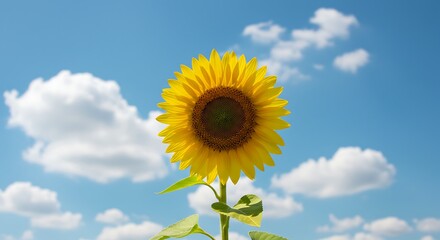 Bright sunflower reaching sunlight with blue sky and fluffy clouds