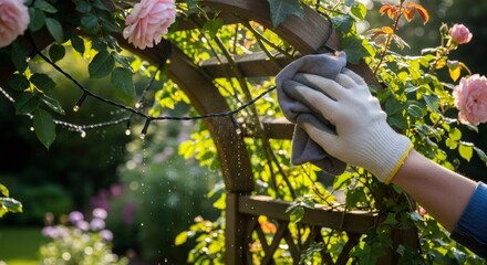 Woman with glove cleaning outdoor string light on garden arbor. Home maintenance and property care concept for spring or summer.