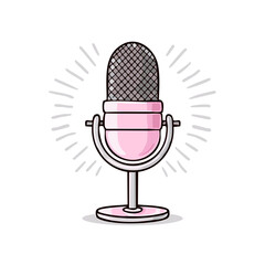 Cartoon illustration of a pink retro microphone with radiating lines for podcast recording