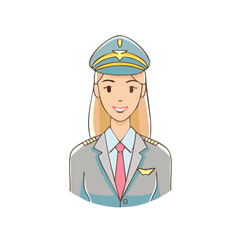 Smiling Female Pilot in Uniform with Cap and Wings Emblem