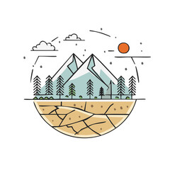 Mountains Trees Sun Clouds Landscape Graphic Desert Land in a Circle Symbol