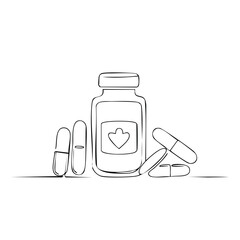 Line art drawing of medication bottle and assorted pills and capsules for health and wellness concepts