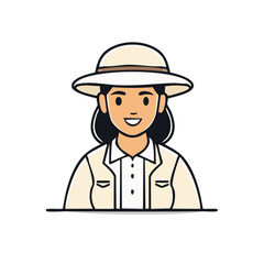 Smiling woman adventurer wearing a classic safari hat and explorer jacket illustration. Happy female character ready for travel or discovery.
