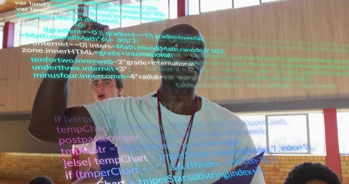 Basketball coach raising fist and motivating team while tech code overlay intensifying across gym