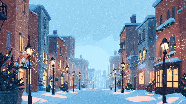 Festive Snowy Cityscape with Street Lights and Holiday Decorations on Transparent Background