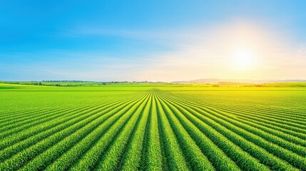 Agriculture field crops landscape green sunrise form a vibrant rural panorama. Nature and farming on wide outdoors land. Scenic countryside, panoramic environment, organic background, peaceful