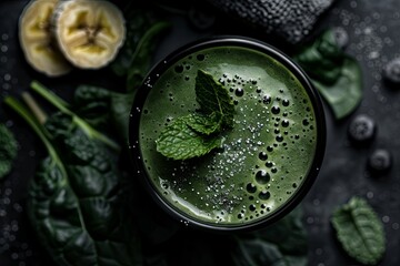 Vibrant green smoothie made with spinach, mint, banana slices, and blueberries on textured cloth. Healthy drink captures natural freshness.