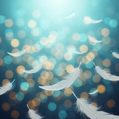 Dreamy Surreal White Feathers Floating with Glowing Bokeh