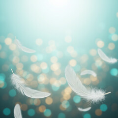 Dreamy Surreal White Feathers Floating with Glowing Bokeh