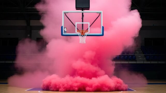 basketball court with hoop and backboard engulfed in vibrant cloud of pink smoke The smoke rises from the wooden floor spreading across the court with empty blue stadium seats visible in the dark back