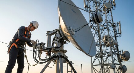 Caucasian man working on telecommunication antenna, adjusting satellite dish on cell tower. Communication technology, internet, utilities industry concept.