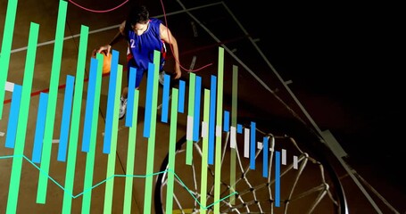 male athlete dribbling basketball and driving toward rim, sports analytics bars pulsing during dunk - Powered by Adobe