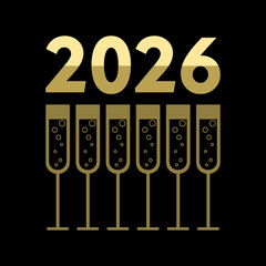 Celebration of New Year 2026 with sparkling glasses and golden numbers on a black background