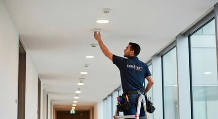 Safety technician man installing a smoke alarm detector on the ceiling of a modern building. Fire protection and maintenance service concept.