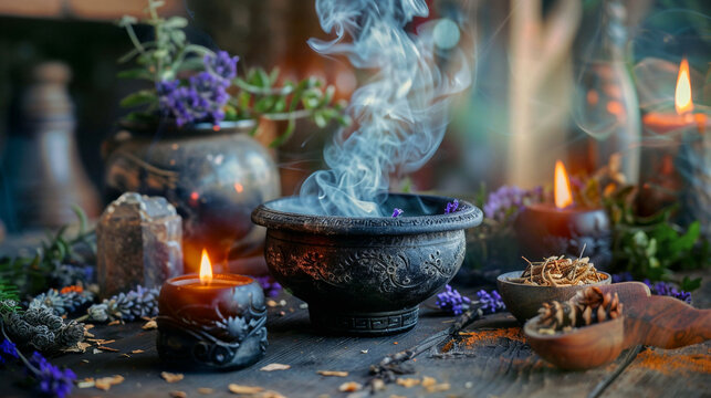 Mystical witch altar with smoking cauldron brewing magic potion surrounded by candles herbs crystals and spiritual ritual elements