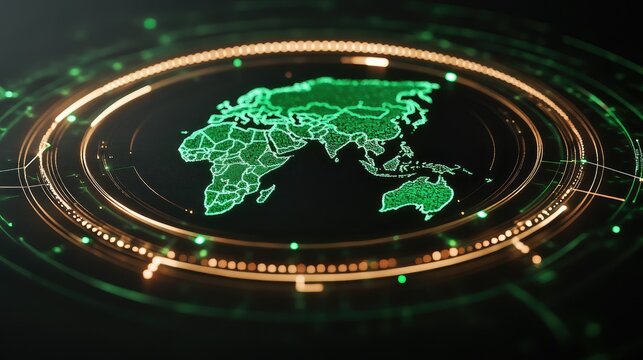 Global Network: Futuristic Green World Map with Illuminated Circular HUD