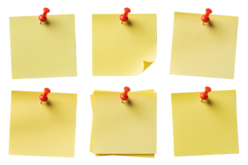 Six blank yellow sticky notes with red pushpins, perfect for reminders, ideas, or planning your next big project.