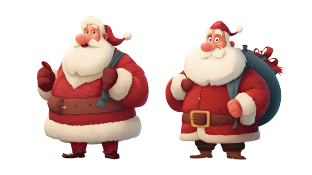 Two cartoon santa claus figures standing, one with a thumbs up, isolated on transparent background