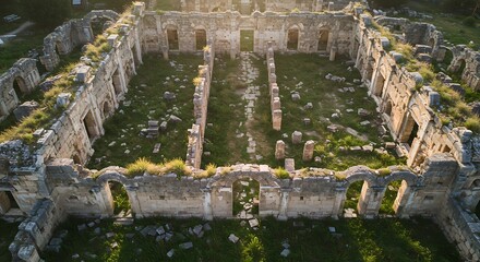 Ancient architectural ruins viewed from above in sunlight with copy space