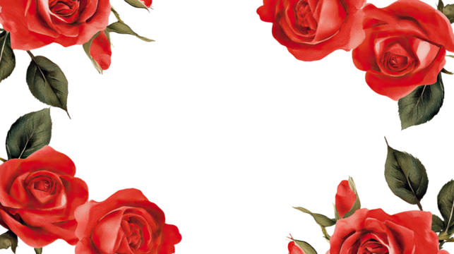 Vibrant Red Roses and Lush Green Leaves Forming an Elegant Floral Frame with Central Copy Space. PNG Transparent Icon
