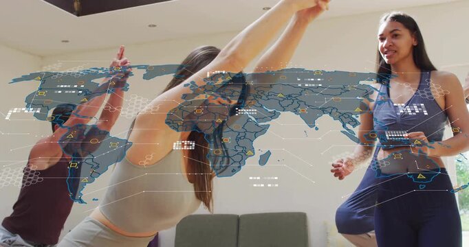 Participants holding stretch in fitness class, instructor guiding map overlay animating data nodes