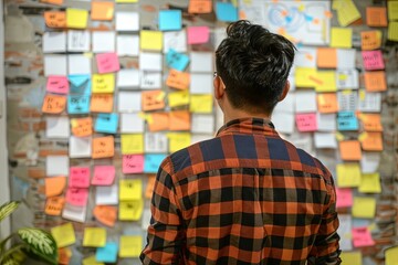 Thoughtful Asian man examines colorful sticky notes and whiteboard drawings in creative office space. Daytime ambiance enhances focus and creativity.